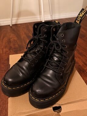Dr. Martens Black Leather Platform Combat Boots with Yellow Stitching